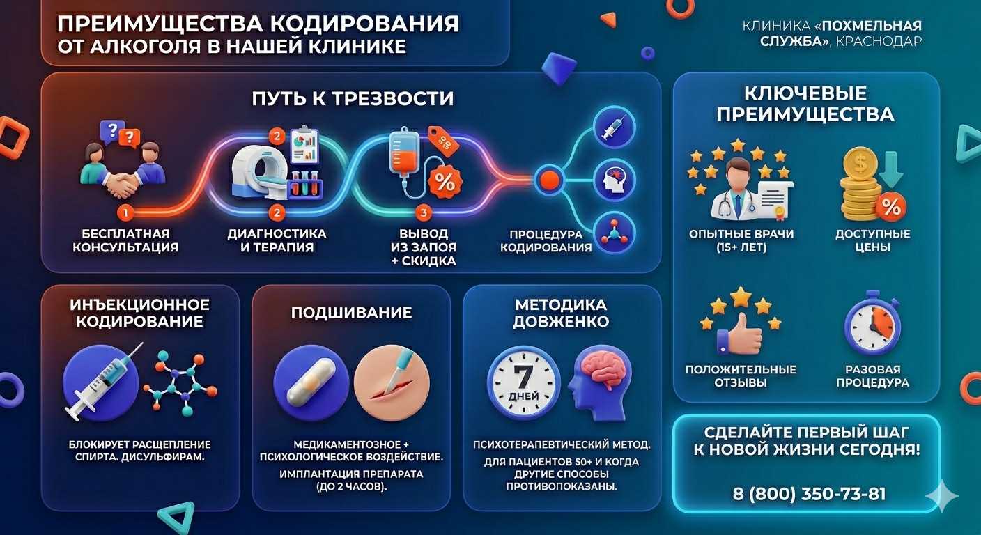 Инфографика о методах кодирования от алкоголя в Охе: инъекции, подшивание, метод Довженко. Преимущества клиники и этапы лечения.