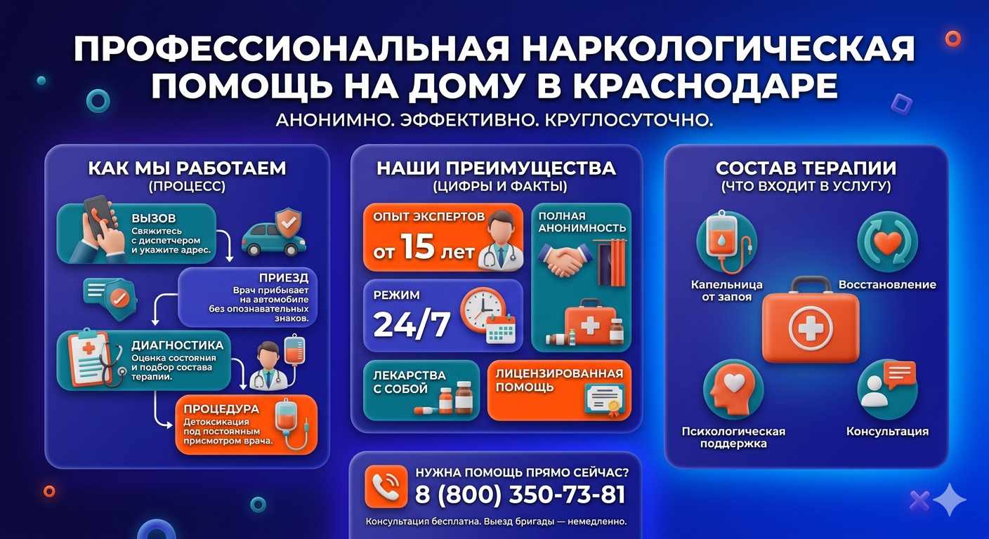 Инфографика о принципах лечения алкоголизма на дому в Охе: этапы вызова нарколога, преимущества анонимной детоксикации и состав медицинской помощи.
